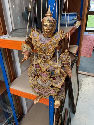 Lot 114 - Asian carved gilt wood puppet with embroidered clothing