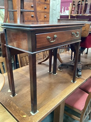 Lot 1237 - 19th century mahogany tea table with foldover top, drawer below on chamfered legs, 76cm wide, 38cm deep, 72cm high