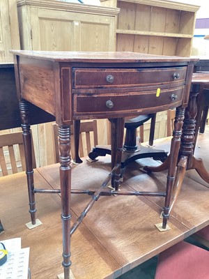 Lot 1249 - Regency style inlaid mahogany bowfront side table with two drawers on turned legs joined by X frame stretchers, 55cm wide, 45cm deep, 76cm high