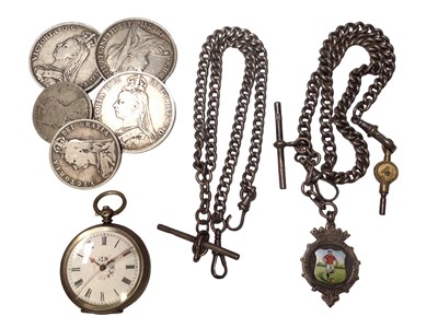 Lot 144 - Continental silver (800) fob watch, two silver watch chains, one with a silver and enamel football fob and some coins