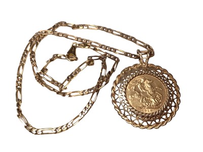 Lot 134 - George V gold sovereign, 1918, in 9ct gold pendant mount on a 9ct gold chain