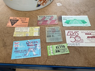 Lot 65 - Group of concert tickets for Elvis Presley, David Bowie, Queen, etc, and three stamp albums