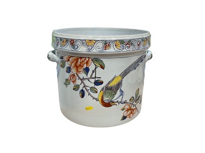 Lot 66 - Large French faience planter decorated with a bird perched on a branch, 30cm high