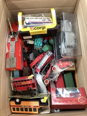 Lot 1919 - Box of cars and vehicles including die cast early Dinkys, boxed Corgi buses and others.