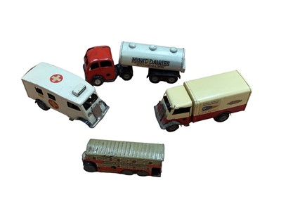 Lot 1918 - Box of tin plate including Tri Ang Minic Ambulance, British Rail Lorry, Wells Brimtoy bus, Japanese car, Areoplane, airship.