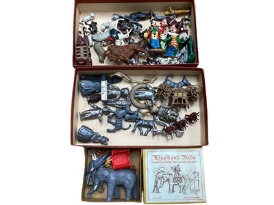 Lot 1916 - Collection of lead figures and Britains die cast models including military bandsmen, F.G. Taylor & Sons elephant ride in box, Totalistor Greyhouse Racing Game etc