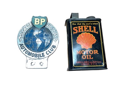 Lot 2157 - BP Autombile Club badge and a Shell motor oil miniature can (2)