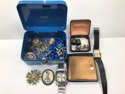 Lot 1048 - Group of costume jewellery including a pair of silver and enamel cufflinks, wristwatches and a Stratton powder compact