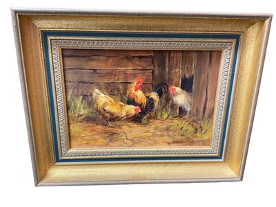 Lot 298 - Donna Crawshaw oil on canvas, chickens