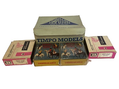 Lot 1813 - Timpo  Toys Trade Box with American Independence Cavalry, Foriegn Legion & Britains Herald Series mounted Indian Chief with Spear No.520 (x2) and diecast wagon & horses and farm animals (qty)