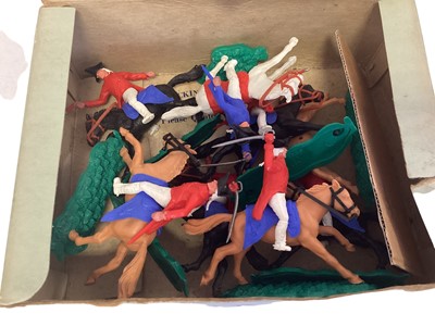 Lot 1813 - Timpo  Toys Trade Box with American Independence Cavalry, Foriegn Legion & Britains Herald Series mounted Indian Chief with Spear No.520 (x2) and diecast wagon & horses and farm animals (qty)