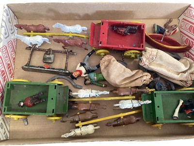 Lot 1813 - Timpo  Toys Trade Box with American Independence Cavalry, Foriegn Legion & Britains Herald Series mounted Indian Chief with Spear No.520 (x2) and diecast wagon & horses and farm animals (qty)