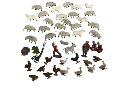 Lot 1813 - Timpo  Toys Trade Box with American Independence Cavalry, Foriegn Legion & Britains Herald Series mounted Indian Chief with Spear No.520 (x2) and diecast wagon & horses and farm animals (qty)