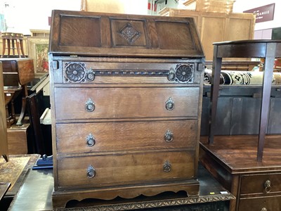 Lot 1282 - Oak bureau with four drawers, 78cm wide, 46cm deep, 98cm high