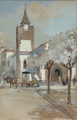 Lot 17 - Max Romer (c.1878-1960), gouache on paper, Funchal Cathedral and Jacaranda trees, Madeira, signed and dated 1934, 22cm x 14.5cm