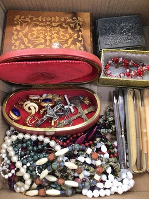 Lot 1091 - Group of vintage bead necklaces, clip on earrings, silver pencil, silver plated pen and a musical jewellery box