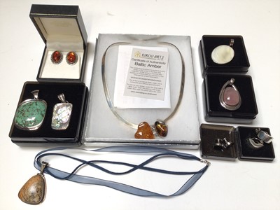 Lot 142 - Group of silver mounted semi precious gem stone jewellery including amber