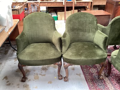 Lot 1293 - Set of four 1920’s green upholstered tub chairs on carved cabriole front legs with claw and ball feet