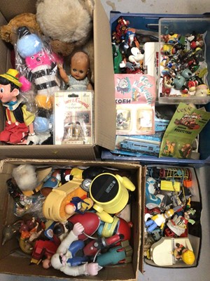 Lot 325 - Three boxes of various toys, bears, figures etc including Disney, Looney Tunes, Snoopy, Pinocchio puppet etc