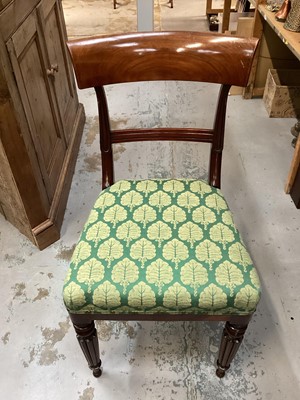 Lot 1302 - Set of six 19th century mahogany bar back dining chairs with green upholstered seats on reeded turned front legs