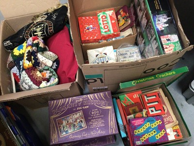 Lot 314 - Group of vintage boxed games, puzzles, two polystyrene lace maker's pillows with various bobbins and sundries (2 boxes)