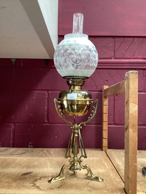 Lot 657 - Victorian brass Arts and Crafts oil lamp with etched glass shade