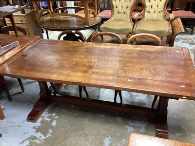 Lot 1306 - Antique style oak refectory table on turned end supports joined by stretcher, 193cm wide, 89cm deep, 74cm high