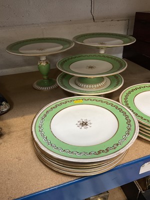 Lot 259 - Victorian English porcelain dessert service on apple green ground and gilt decoration.