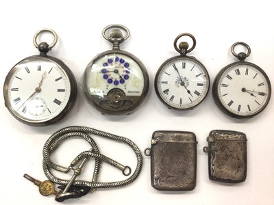 Lot 1045 - Silver cased pocket watch, Hebidomas pocket watch, a silver cased fob watch and one other in a white metal case, together with two silver vesta cases and a plated watch chain