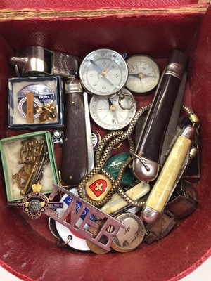 Lot 318 - Various pins and badges including railway related, three compasses, penknives, collection of clay pipes and other sundry items