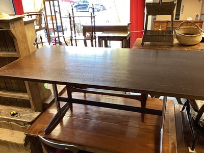 Lot 1311 - Contemporary oak refectory table on metal supports joined by stretcher, 180cm wide, 90cm deep, 73.5cm high