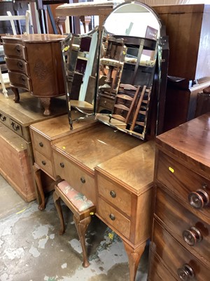 Lot 1316 - Walnut bedroom suite comprising dressing table with triple mirror back, dressing stool and tallboy (3)