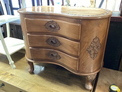 Lot 1317 - Hardwood kidney shape chest of three drawers with carved decoration, 66.5cm wide, 39.5cm deep, 54cm high