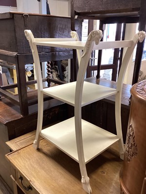 Lot 1318 - Contemporary white painted three tier whatnot together with a three legged stool (2)