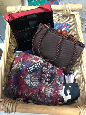 Lot 320 - Liberty wool scarf, silk and other scarves, vintage Harrods handbag and a Terence Conran evening bag