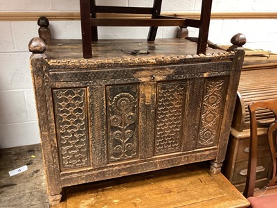 Lot 1334 - Antique eastern Dowry chest with carved decoration, 93cm wide, 62cm deep, 76cm high