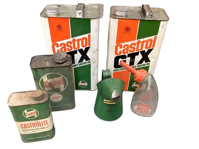 Lot 2159 - Two vintage Castrol GTX oil cans, two others, can etc