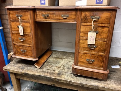 Lot 1337 - Victorian mahogany and walnut kneehole desk with inset leather lined top and eight drawers below, 121cm high, 56.5cm deep, 75.5cm high