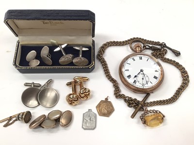 Lot 1078 - 9ct gold St. Christopher pendant, two pairs of silver cufflinks, other cufflinks and a gold plated pocket watch