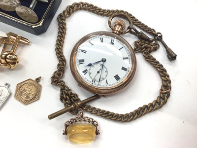 Lot 1078 - 9ct gold St. Christopher pendant, two pairs of silver cufflinks, other cufflinks and a gold plated pocket watch