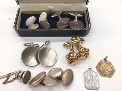 Lot 1078 - 9ct gold St. Christopher pendant, two pairs of silver cufflinks, other cufflinks and a gold plated pocket watch