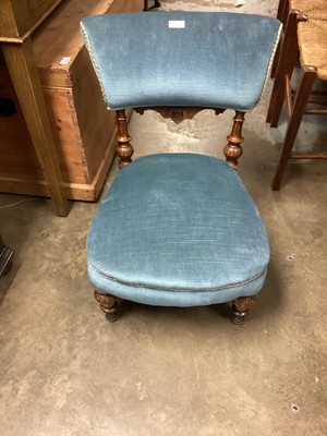 Lot 1342 - Victorian mahogany nursing chair with blue upholstery on turned front legs