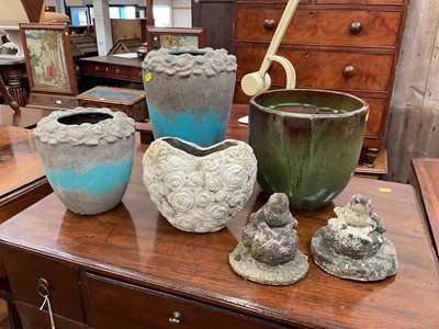 Lot 670 - Four various vases / planters and two garden frog ornaments