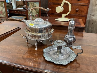 Lot 673 - Silver plated spirit kettle, chamberstick and sugar caster (3)