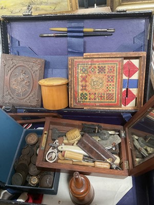 Lot 233 - Old writing case containing a miscellaneous group of items to include antique coins, treen etc