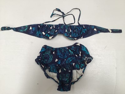 Lot 2103 - 1960's bikini with matching top in abract blue and green roses.  Bikini top is ruched and pants have a frill. Top is sleeveless and frilled. By Sportaville size 36.