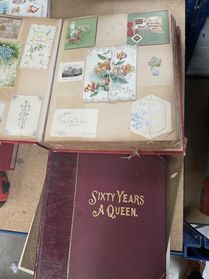 Lot 235 - Victorian scrap album containing a collection of Victorian and Edwardian Christmas cards and greeting cards, Victorian volume 'Sixty Years a Queen' and related ephemera