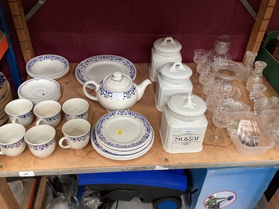 Lot 711 - Selection of tea ware, glassware and storage jars (3 shelves)