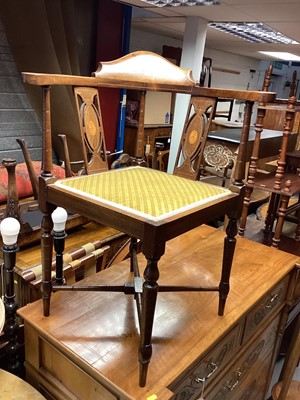 Lot 1354 - Edwardian inlaid mahogany corner elbow chair, together with a whatnot, two tier plant stand and a nest of tables (4)