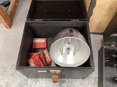 Lot 721 - Alpine the Radiation Lamp in box, Universal High Frequency de luxe Twelve Equipment, Bakelite telephone & F & M hamper basket (4)